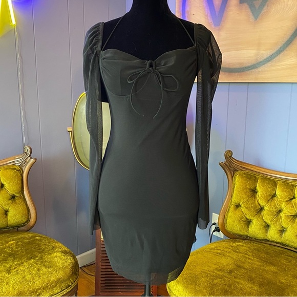 Black Mesh Y2K Style Low Cut Long Sleeve Mini Dress Size Small - Picture 2 of 7